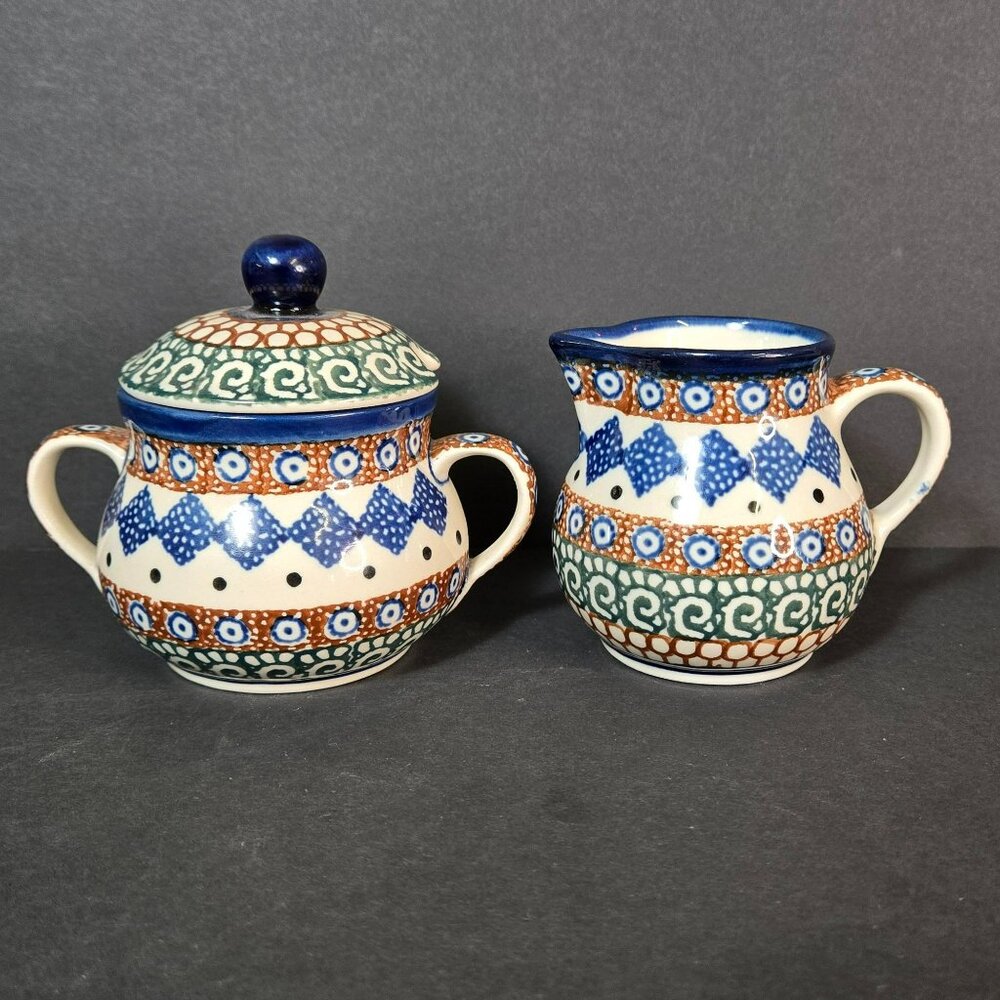 Polish Pottery UNIKAT Creamer Pitcher & Sugar Bowl Set w Lid Handmade Geometric